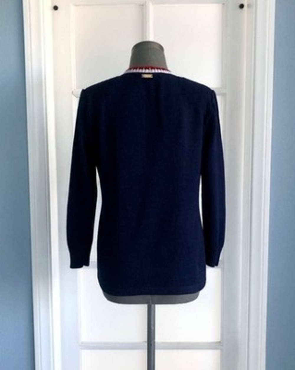 St John Knit Jacket Cardigan S M Vintage Button Front Blue Red White Luxury USA - Picture 5 of 8